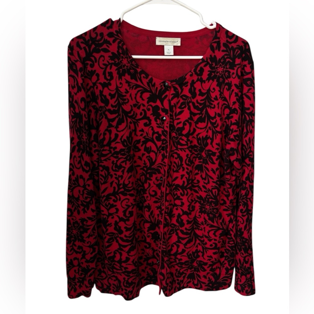 Christopher & Banks Damask Floral Cardigan Women’s XL Red And Black Button Up - Picture 10 of 10